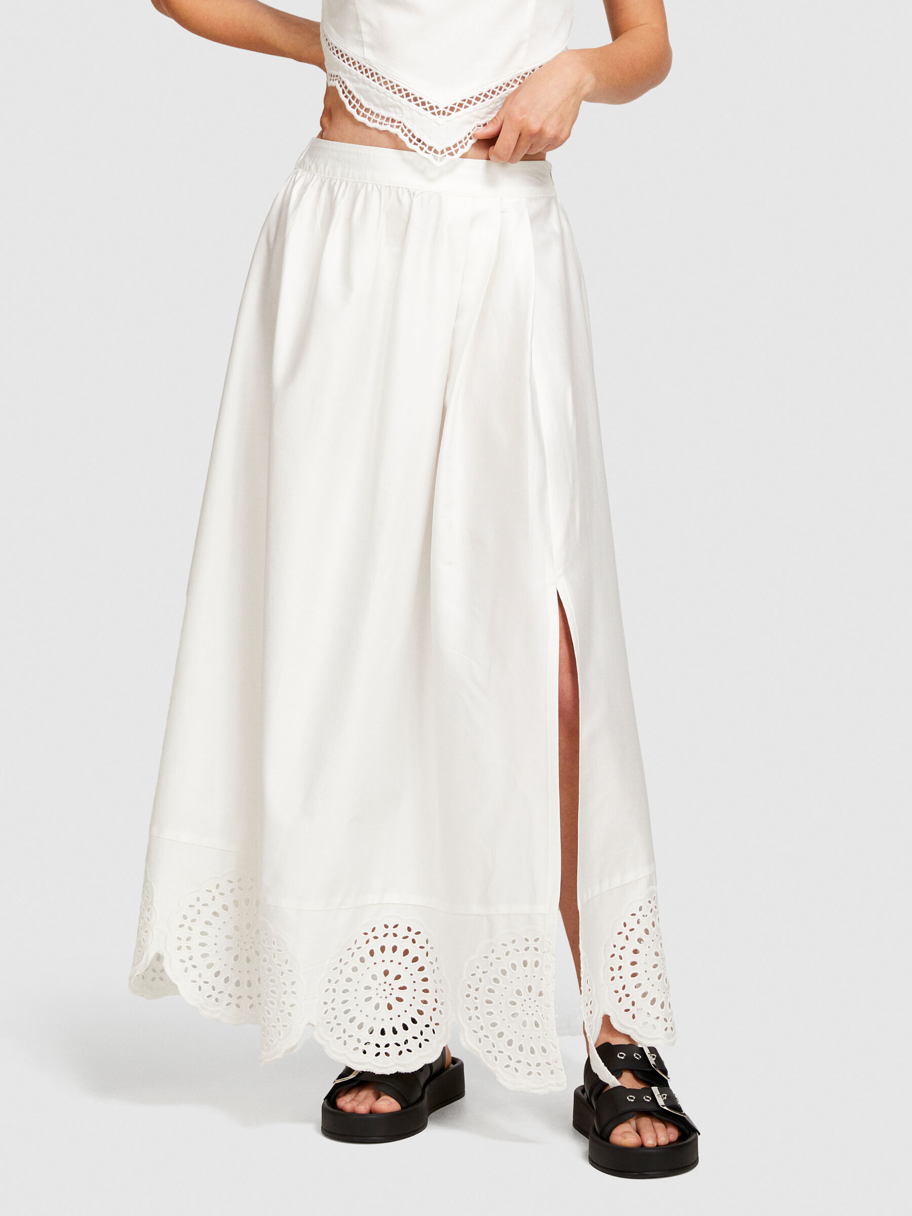 Midi skirt with lace, White - Sisley