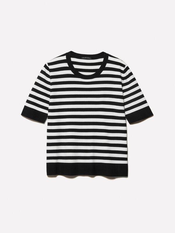 Cream white and black striped sweater - women's crew neck sweaters | Sisley