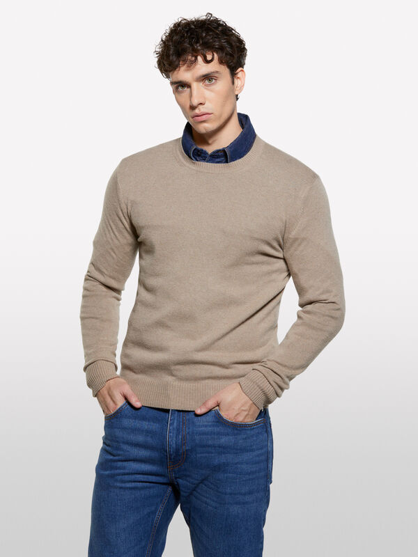 Dark beige regular fit crew neck sweater - men's crew neck sweaters | Sisley