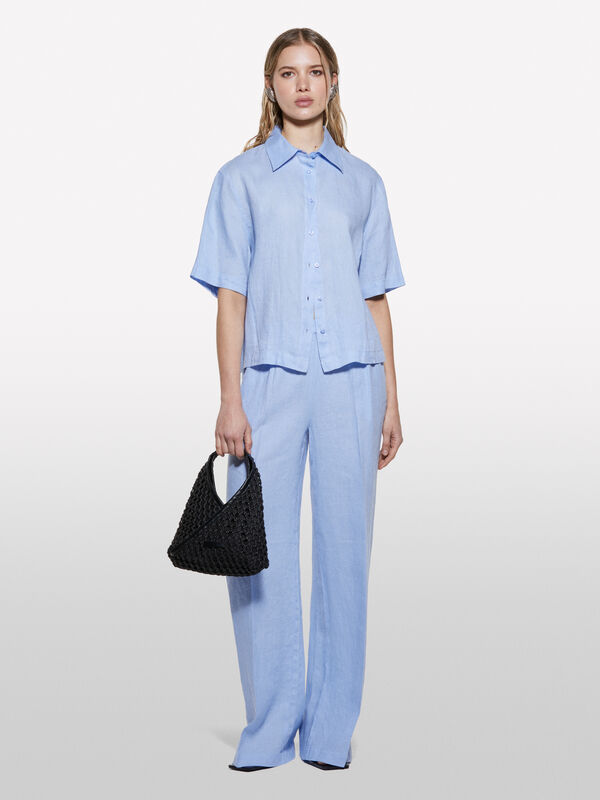 Light blue short sleeve shirt in 100% linen  - women's shirts | Sisley