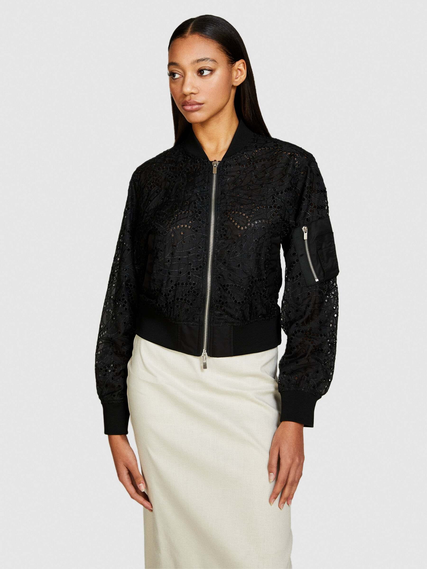 Black lace bomber jacket hotsell