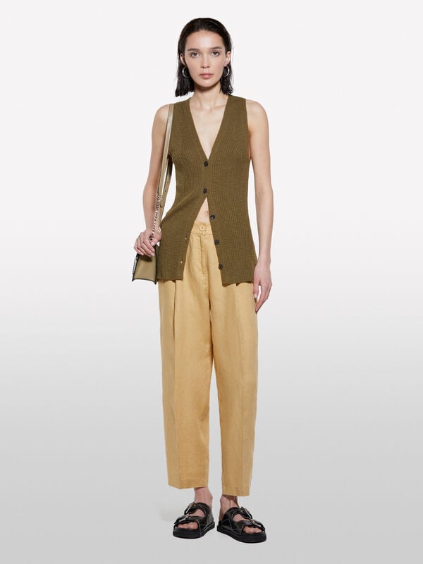 Mustard relaxed fit trousers in 100% linen - women's regular fit trousers | Sisley