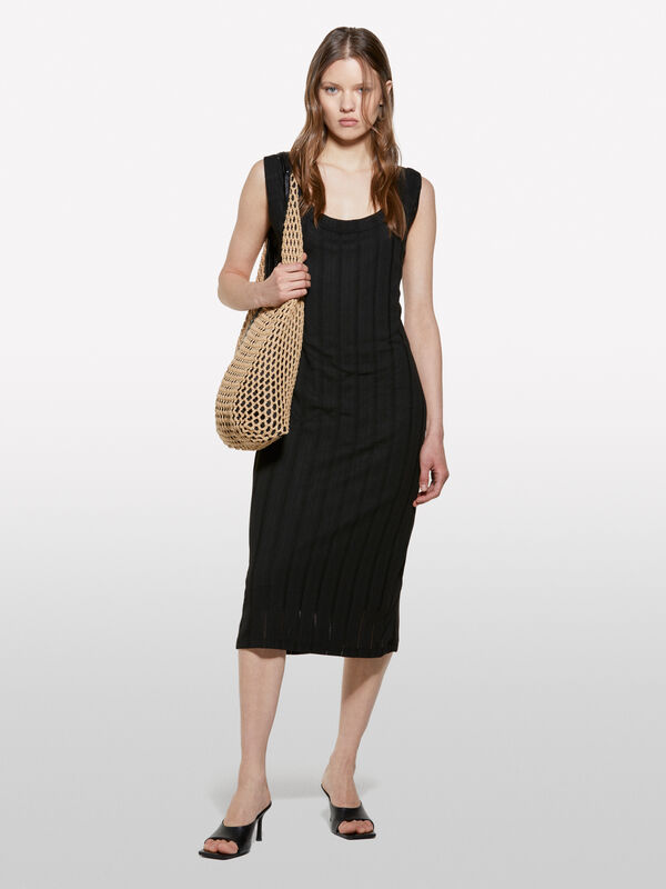 Black ribbed dress - women's midi dresses | Sisley