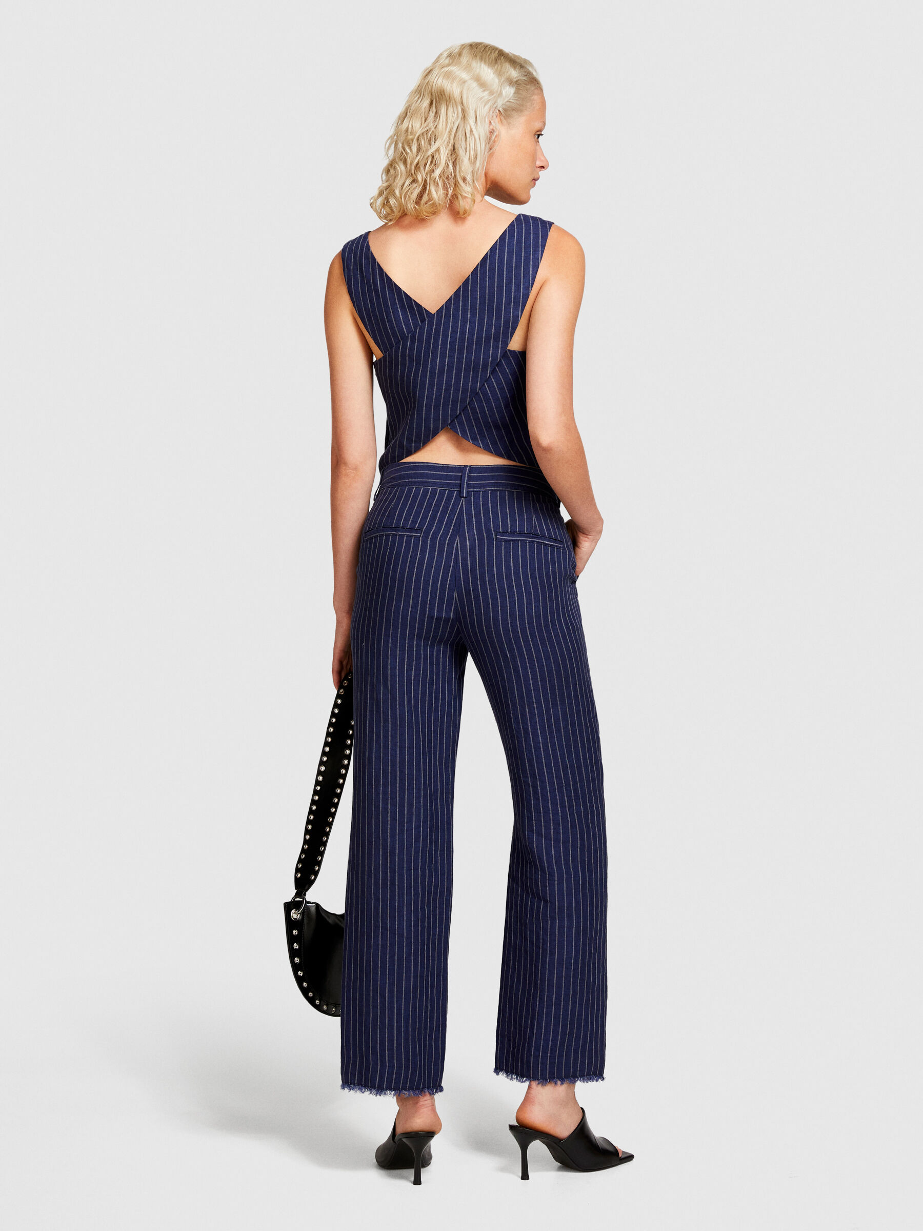 Pinstripe top in 100% linen, Dark Blue - Sisley