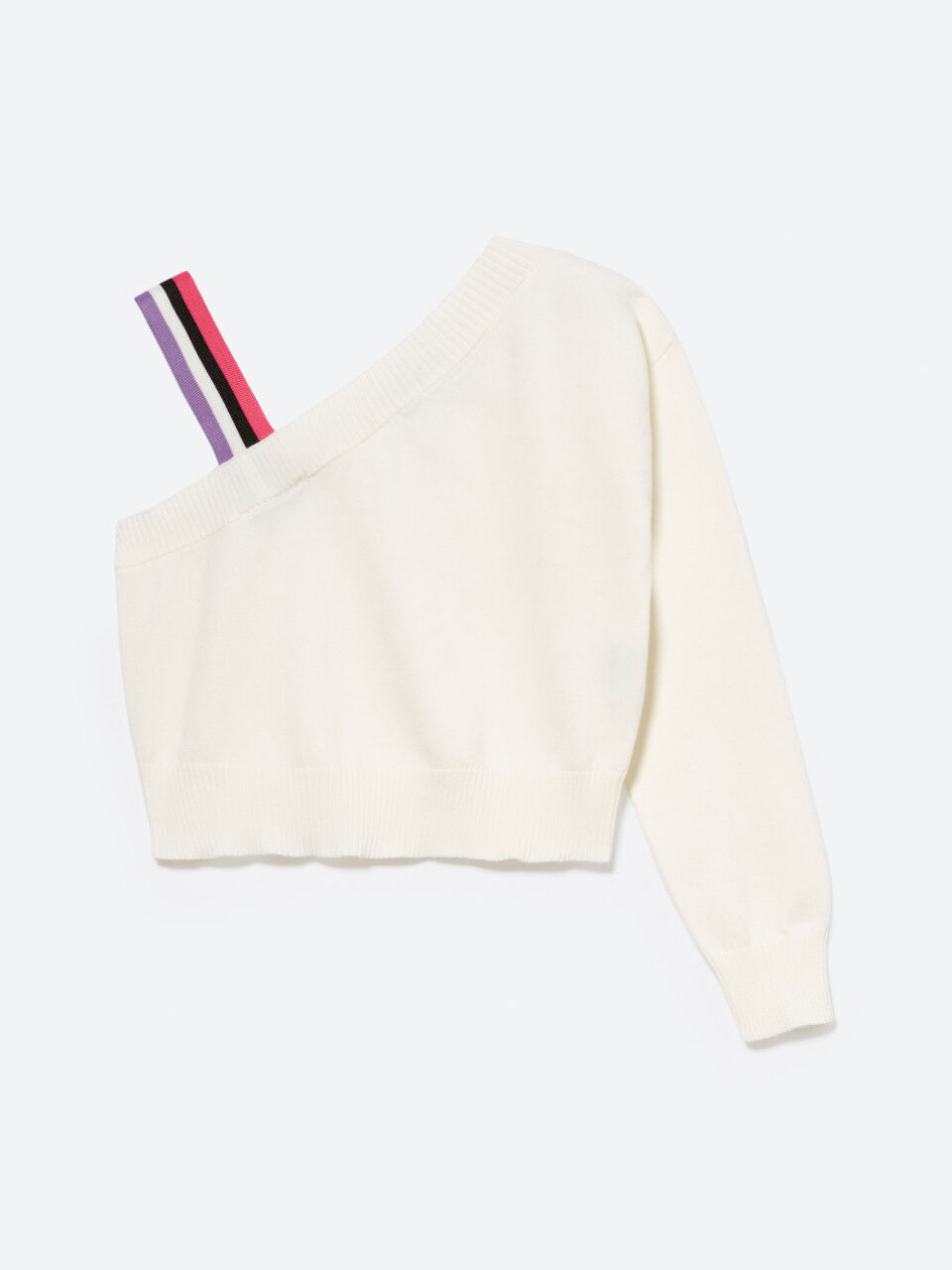Single-shoulder sweater with striped elastic