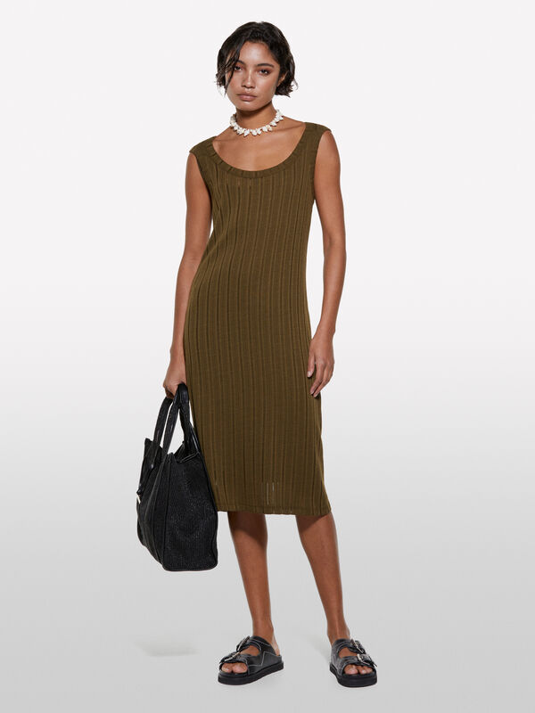 Military green ribbed dress - women's midi dresses | Sisley