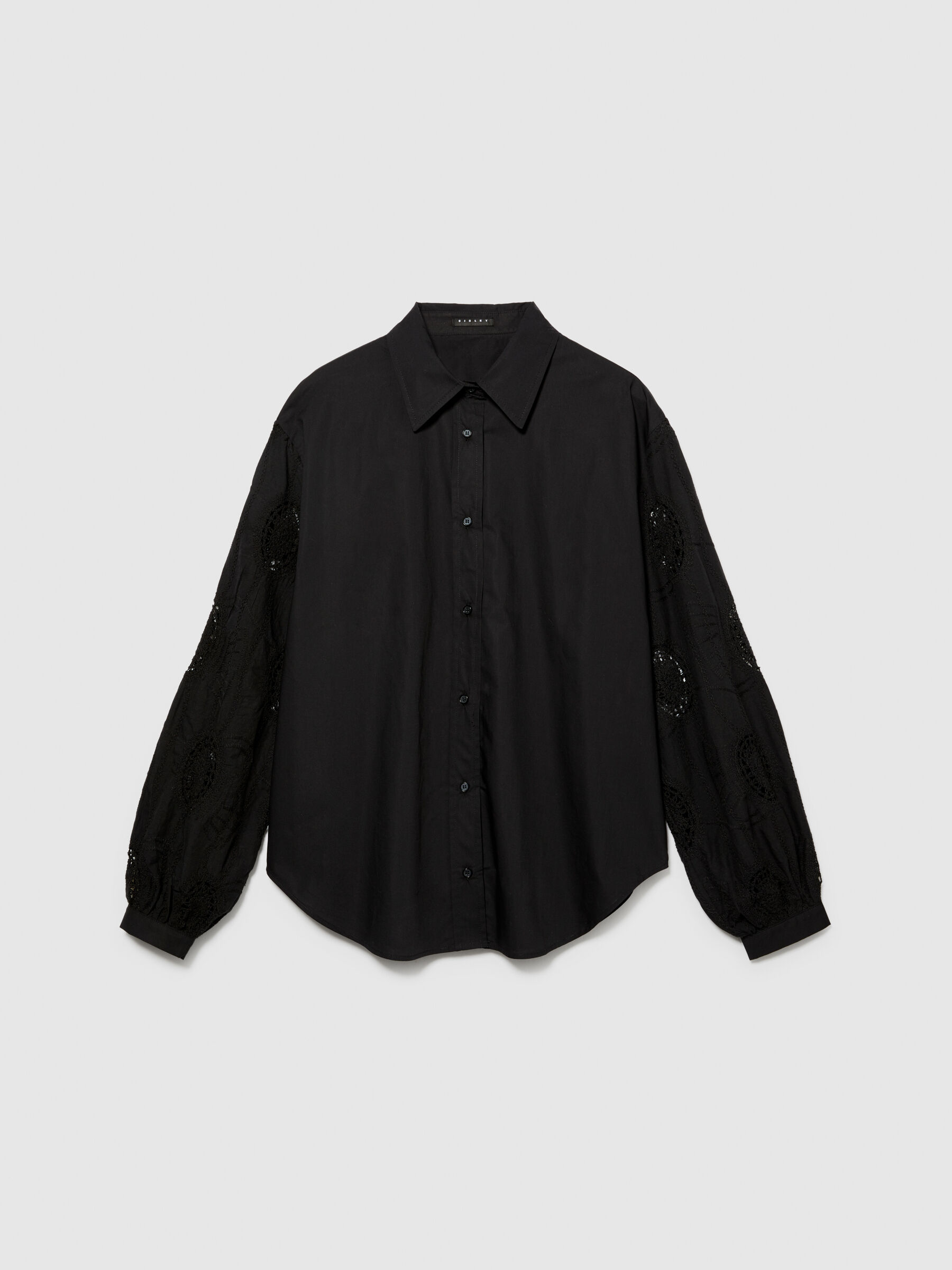 Shirt with embroidered and knotted sleeves, Black - Sisley