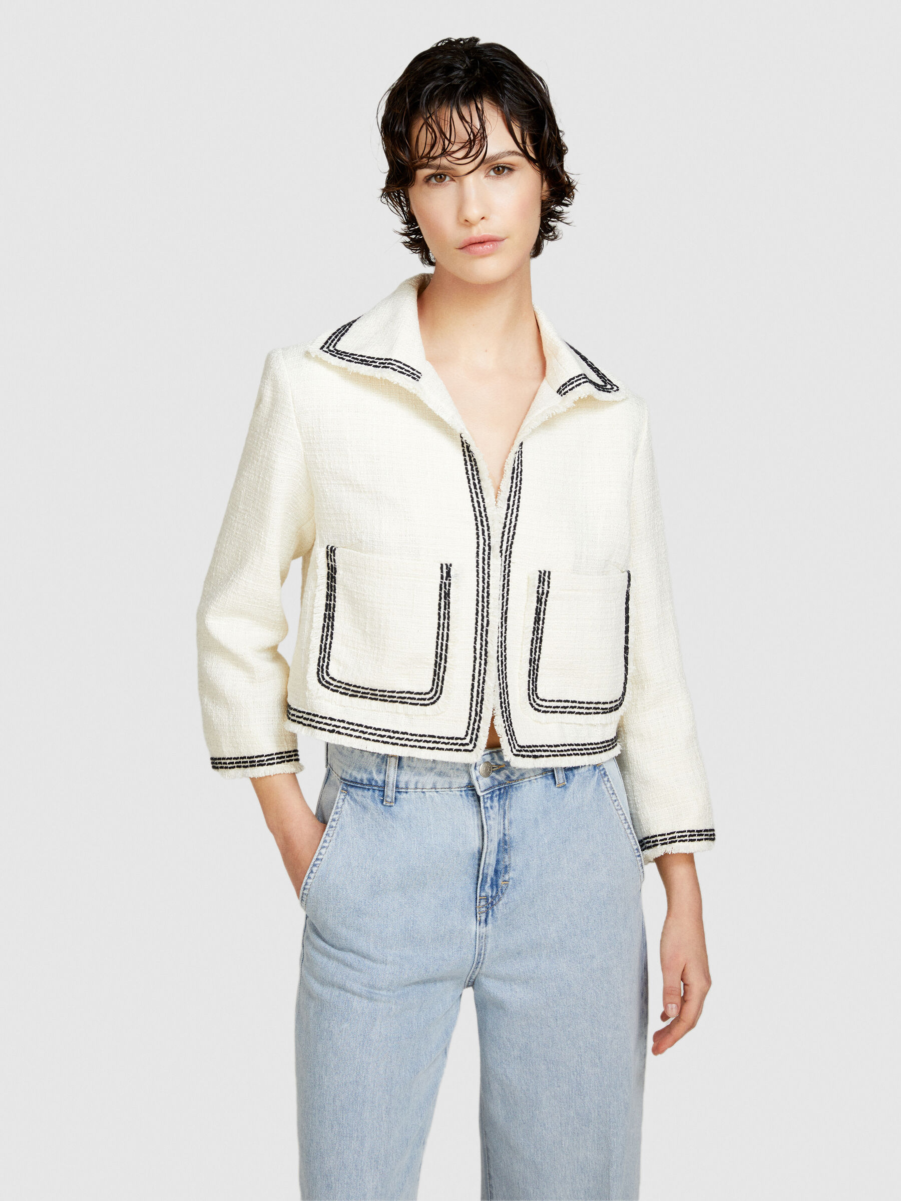 Frayed bouclé jacket, Creamy White - Sisley Frayed bouclé jacket, Creamy White - Sisley