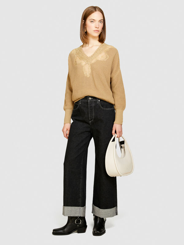 Top with lace - women's v-neck sweaters | Sisley