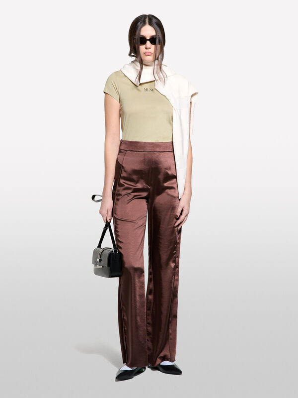 Brown satin palazzo trousers - women's palazzo trousers | Sisley