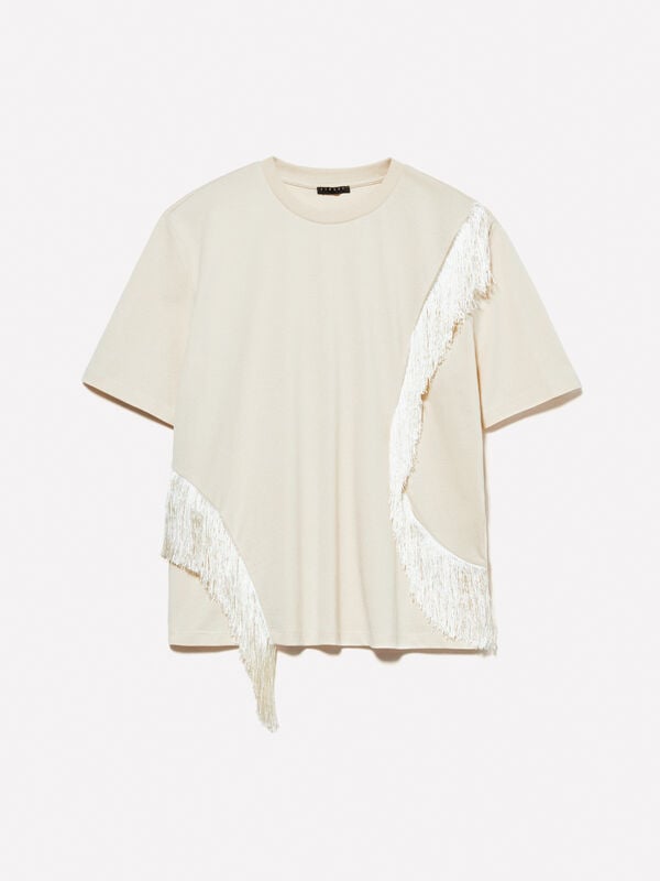 Sand beige t-shirt with fringe Sand beige t-shirt with fringe - women's short sleeve t-shirts | Sisley