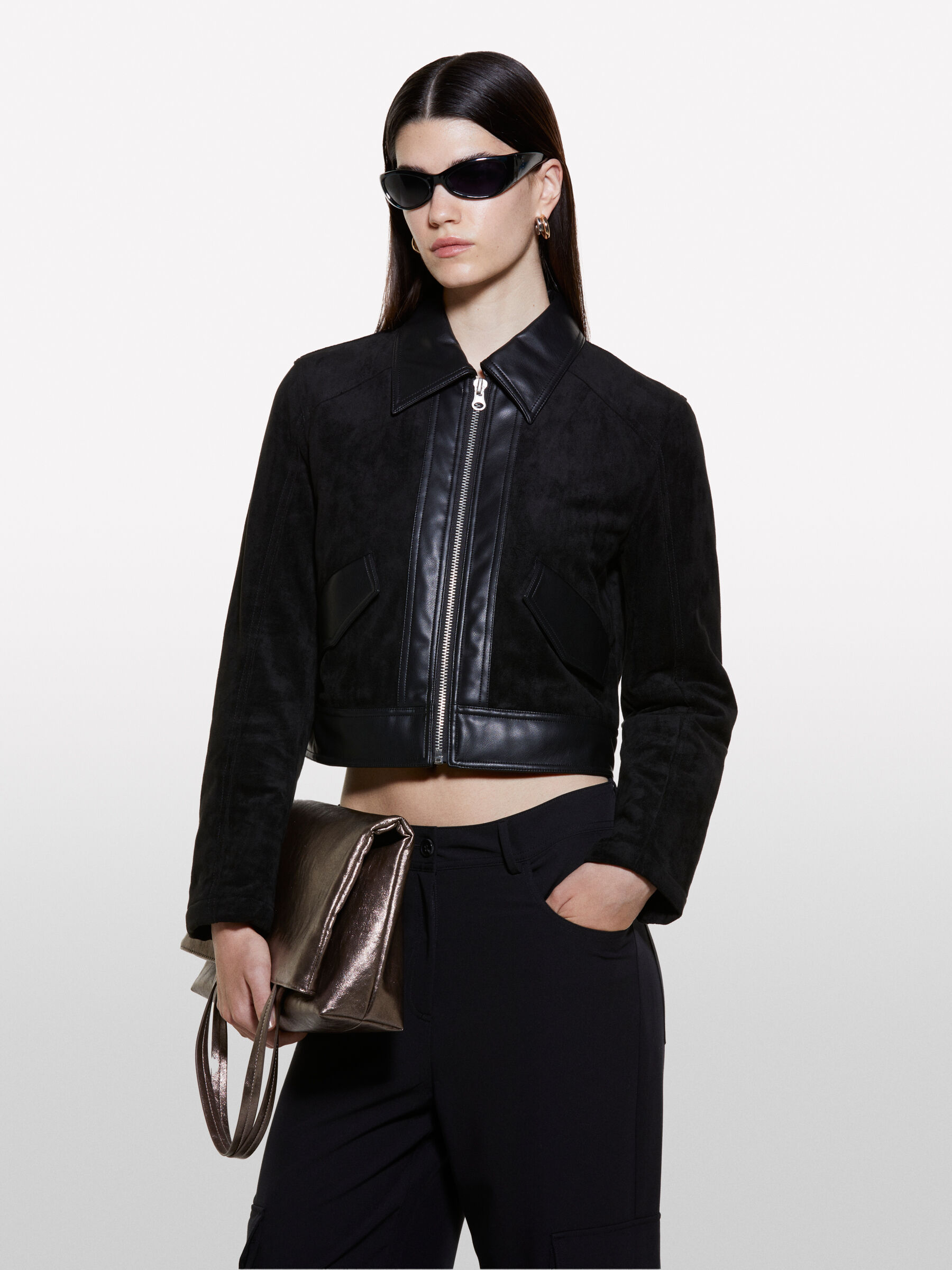 Black boxy fit cropped jacket, Black - Sisley