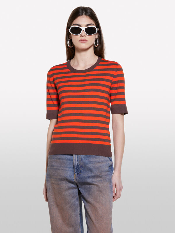 Orange and brown striped sweater - women's crew neck sweaters | Sisley