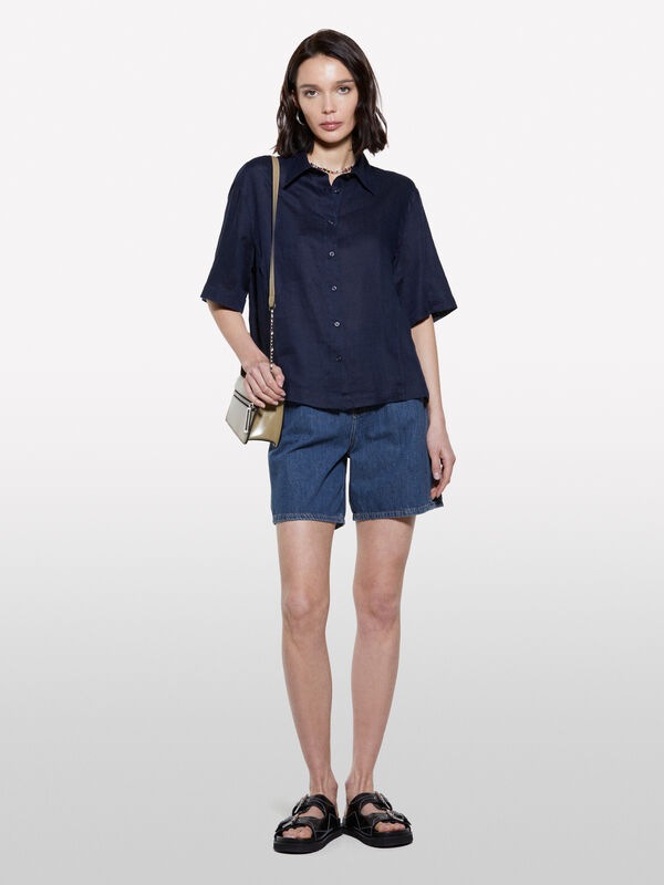 Dark blue short sleeve shirt in 100% linen  - women's shirts | Sisley