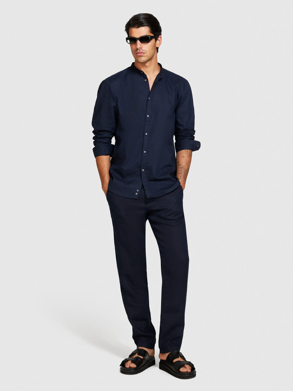 Mandarin collar shirt in linen blend Men image number null