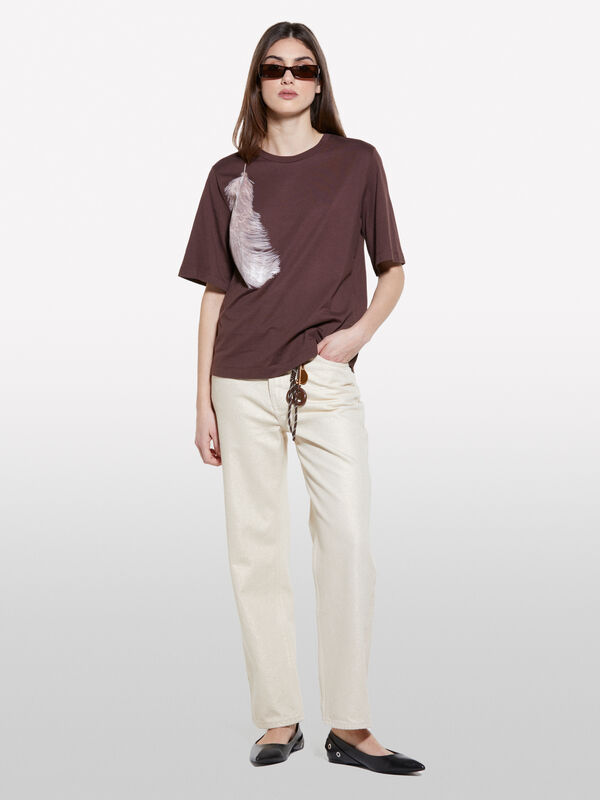 Brown t-shirt with feather print - women's short sleeve t-shirts | Sisley