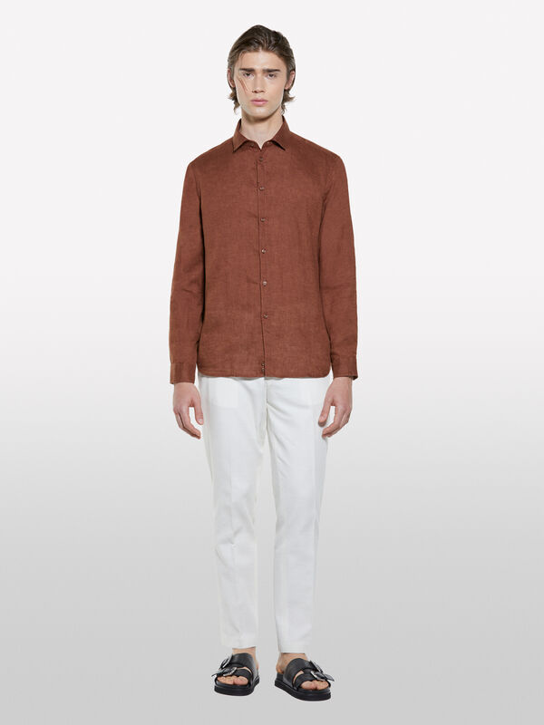 Dark brown 100% linen shirt - men's regular fit shirts | Sisley