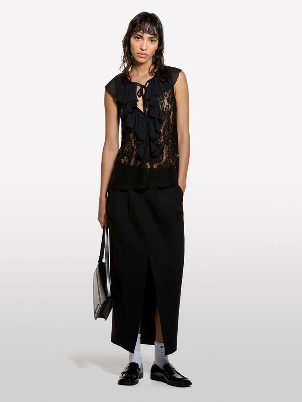 Black lace top with jabot - women's tops | Sisley