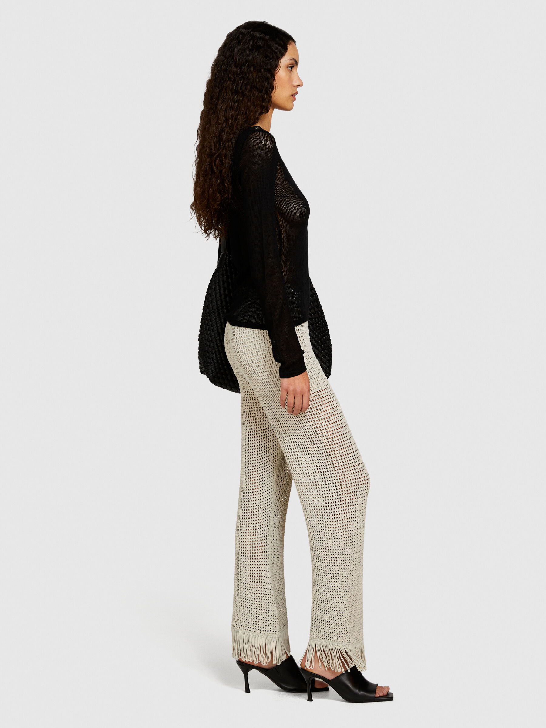 Perforated trousers with fringe, Beige - Sisley Perforated trousers with fringe, Beige - Sisley