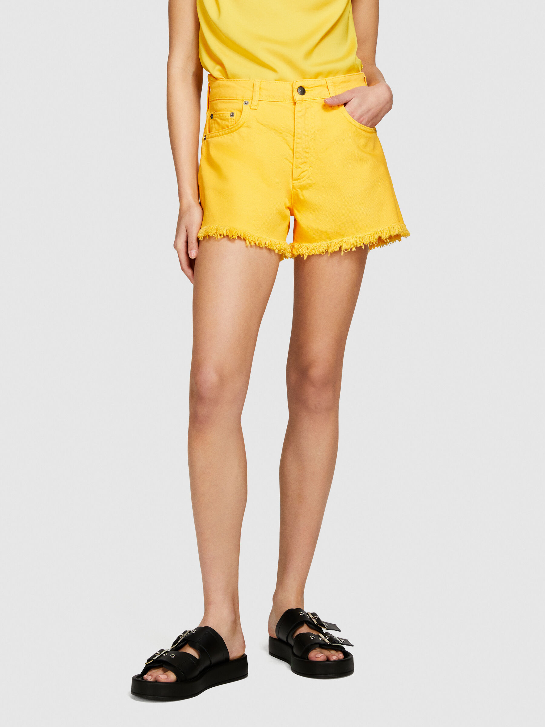 Yellow denim shorts womens discount