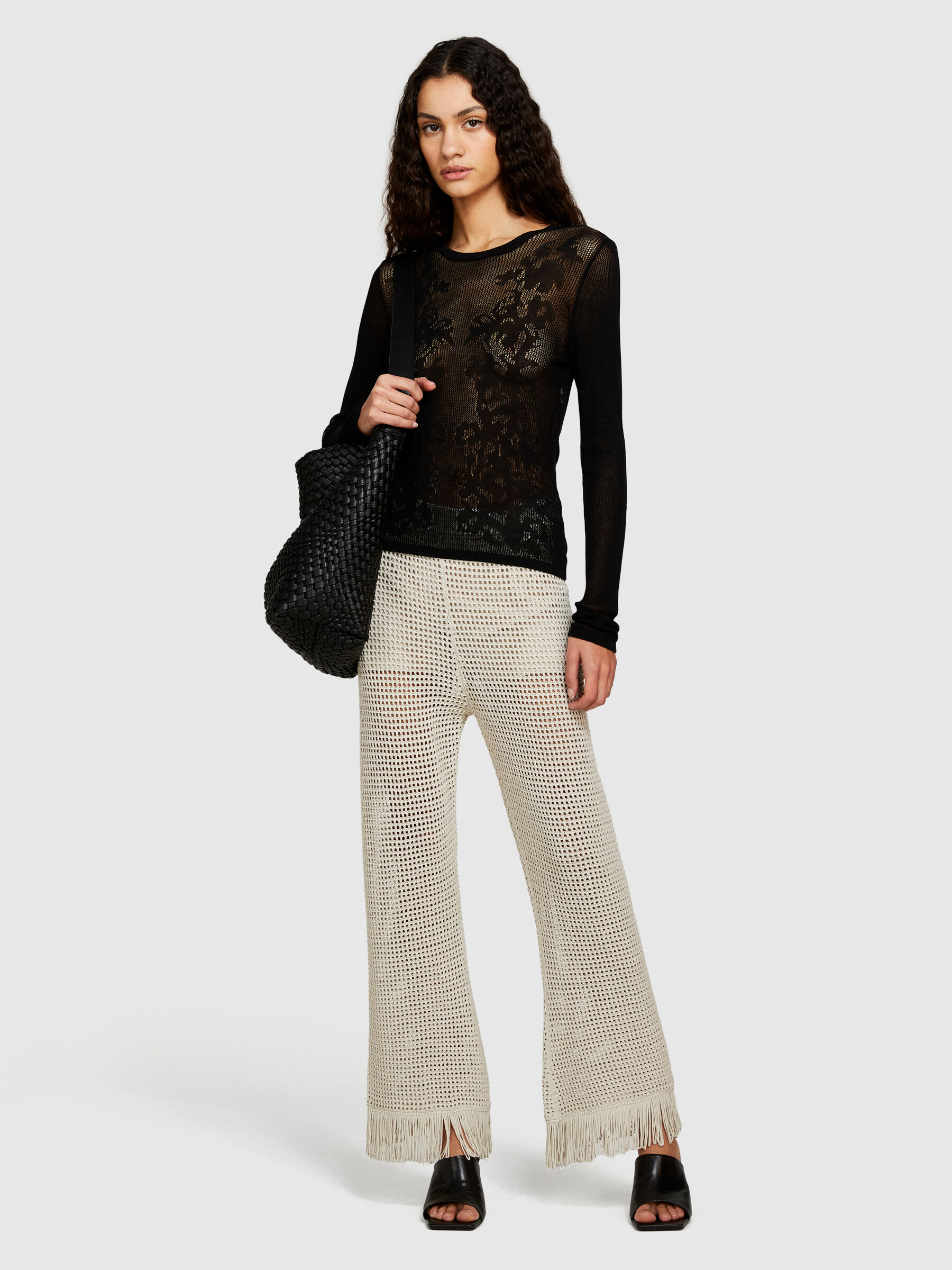 Perforated trousers with fringe Women image number null