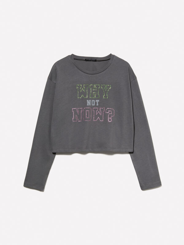 Gray cropped t-shirt with rhinestones - girls' long sleeve t-shirts | Sisley Young