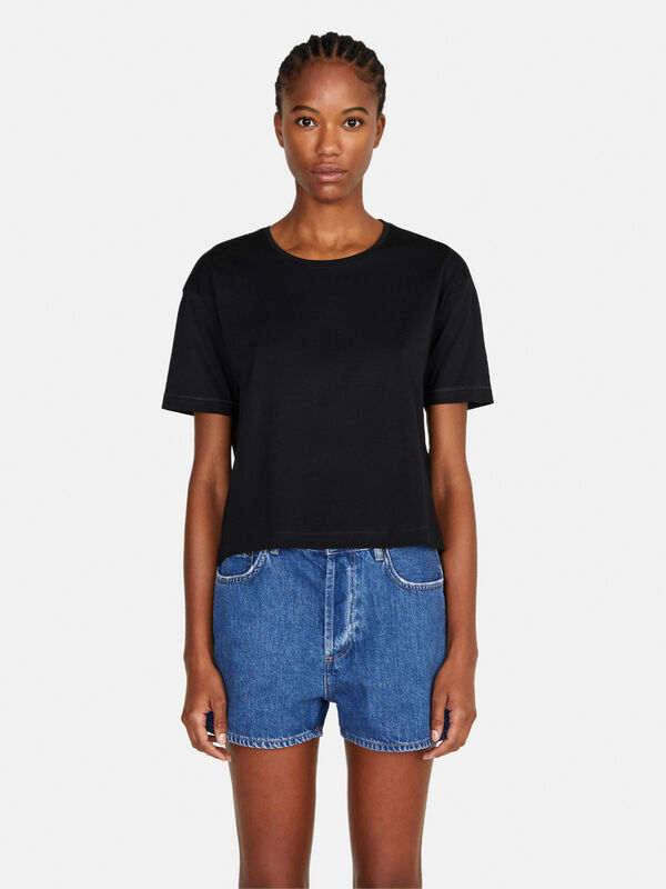 Solid colored oversized fit cropped t-shirt - women's short sleeve t-shirts | Sisley