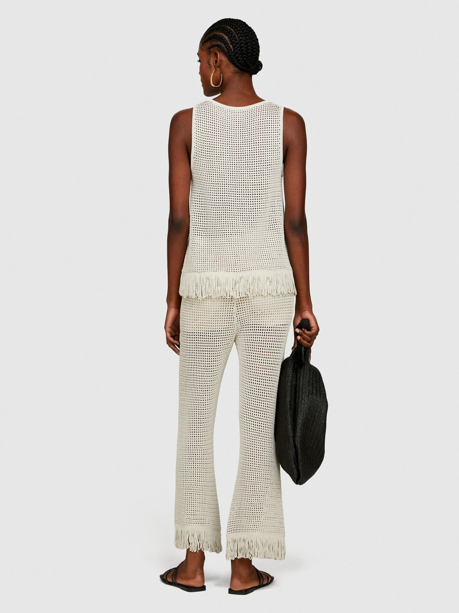 Perforated tank top with fringe, Beige - Sisley