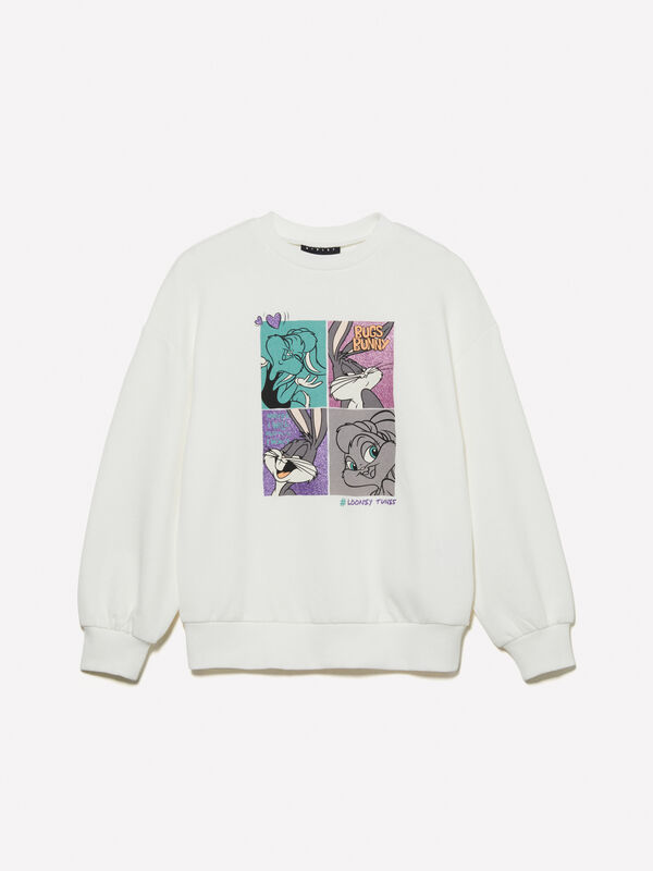 White sweatshirt with ©Looney Tunes print - girls' knitwear | Sisley Young