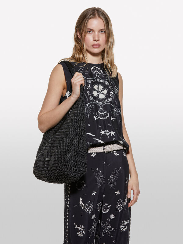 Black printed top with scoop neckline - women's tops | Sisley