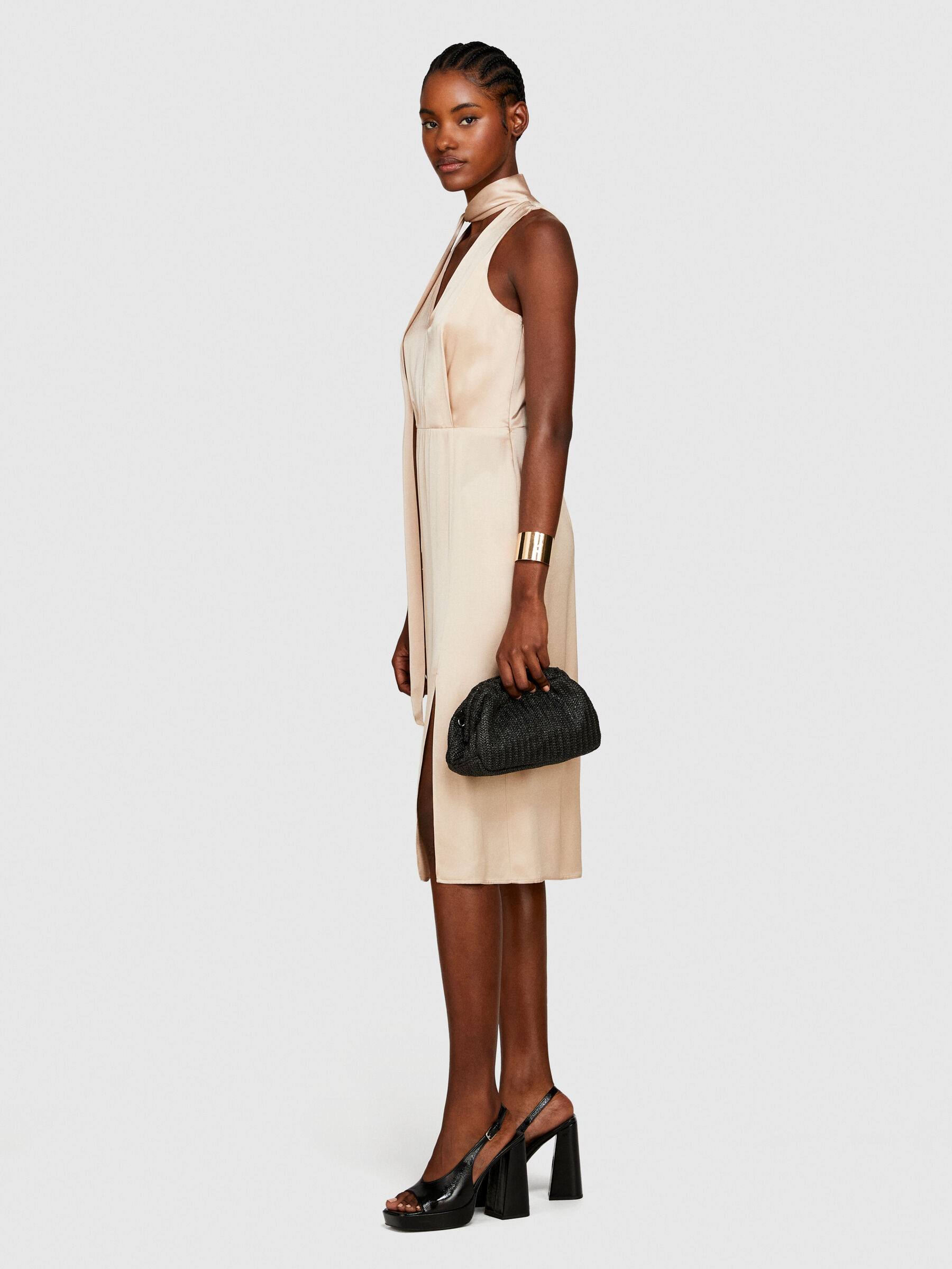 Satin dress with scarf, Nude - Sisley