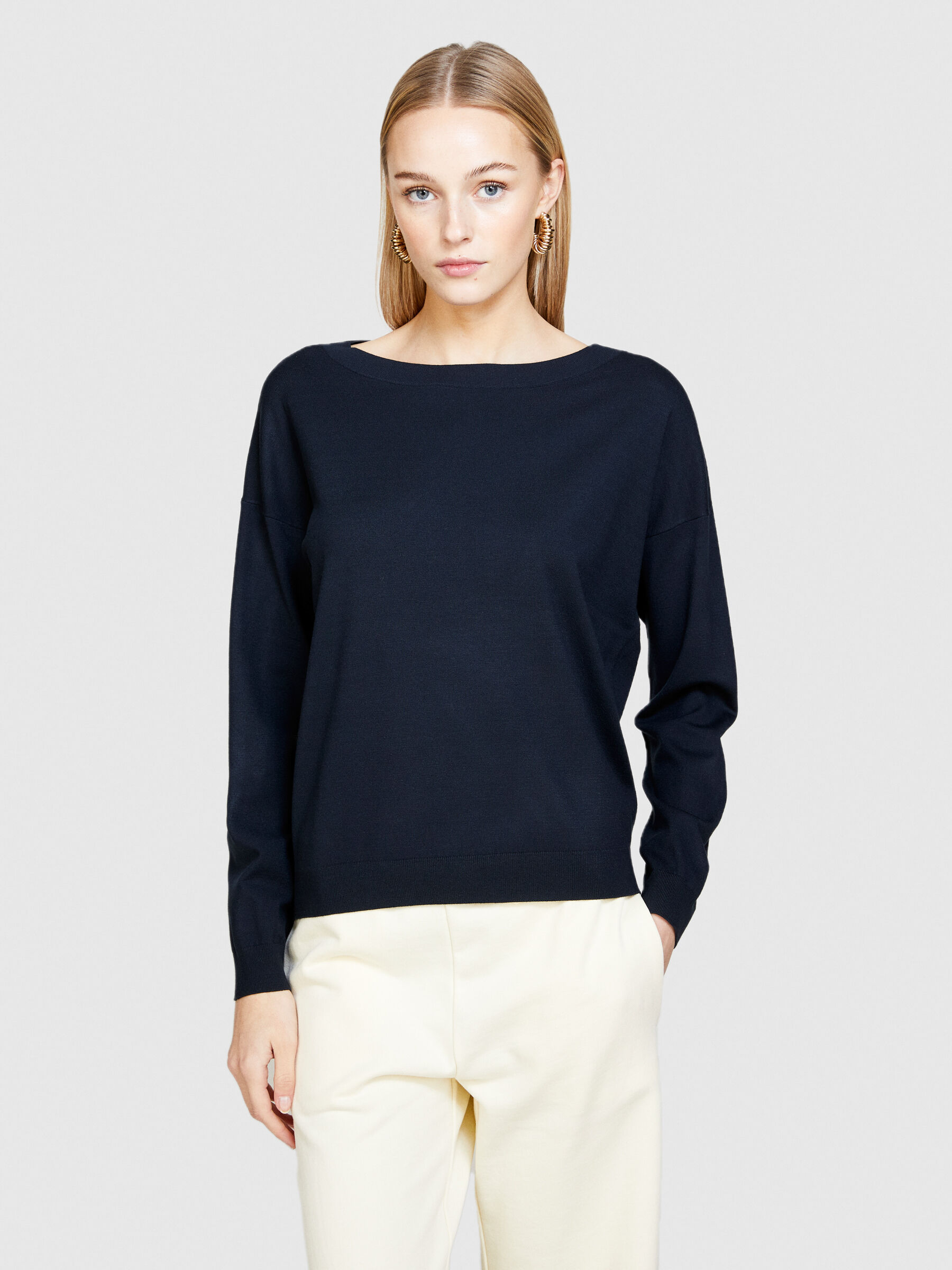 Navy blue boat neck sweater shop