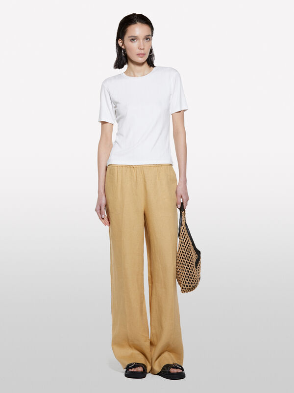 Mustard flare fit trousers in 100% linen - women's palazzo trousers | Sisley