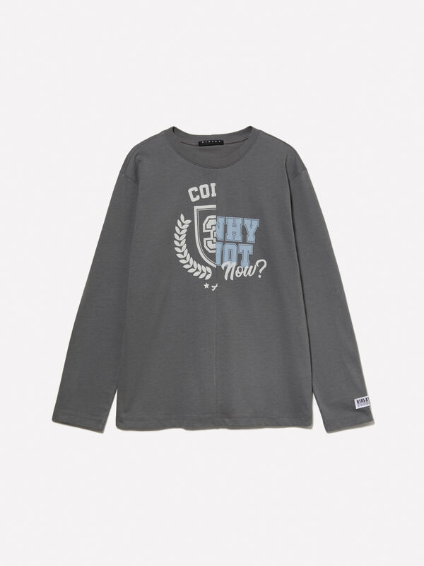 Gray color block t-shirt with print - boys' long sleeve t-shirts | Sisley Young