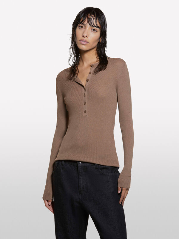 Brown Henley top - women's crew neck sweaters | Sisley