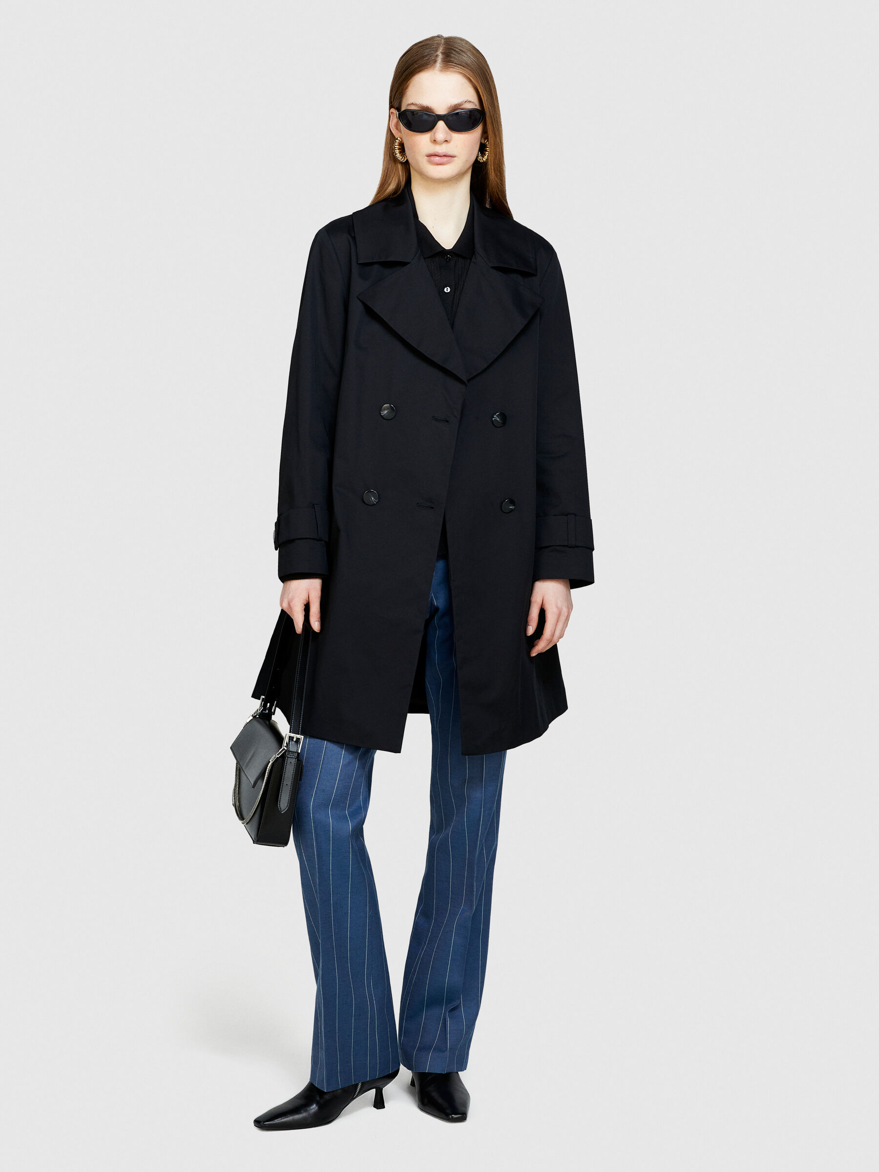 Oversized trench coat with sash, Black - Sisley