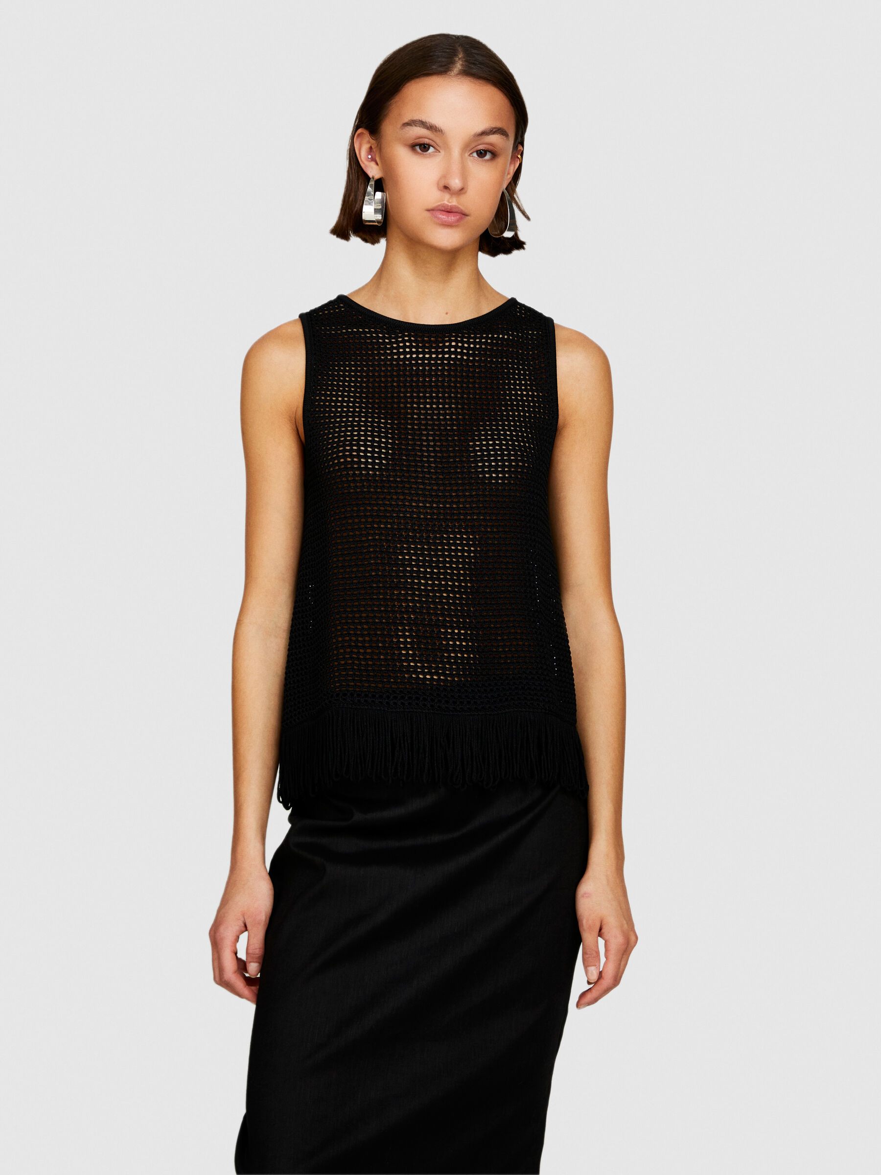 Perforated tank top with fringe, Black - Sisley