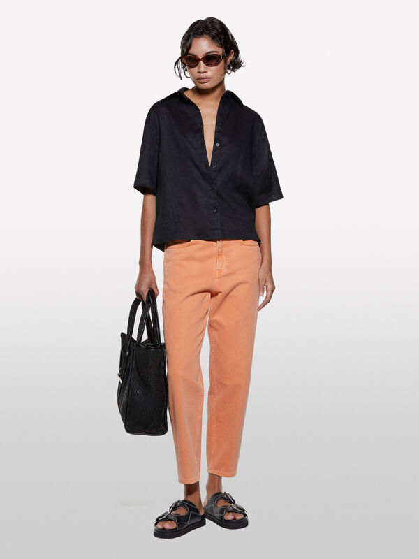 Black short sleeve shirt in 100% linen  - women's shirts | Sisley