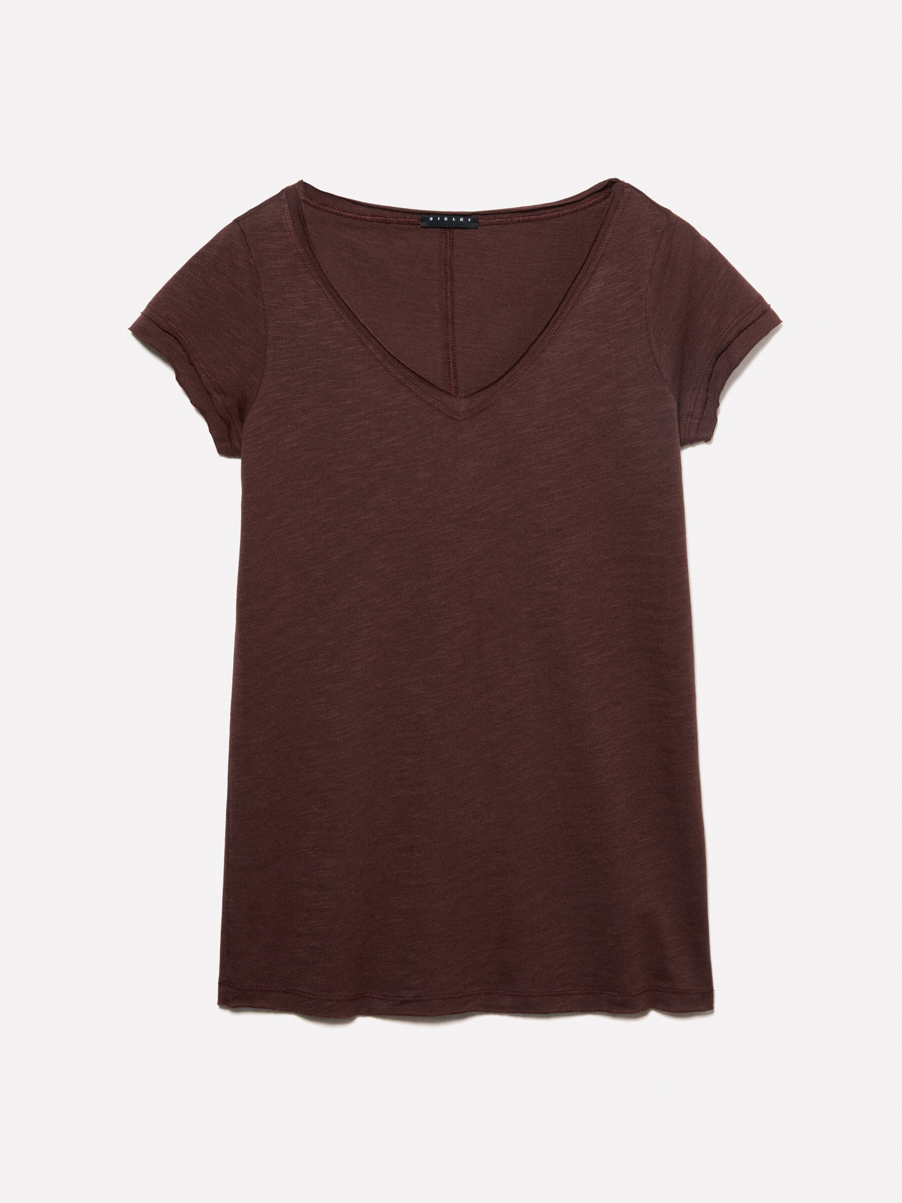 Brown V-neck t-shirt, Dark Brown - Sisley
