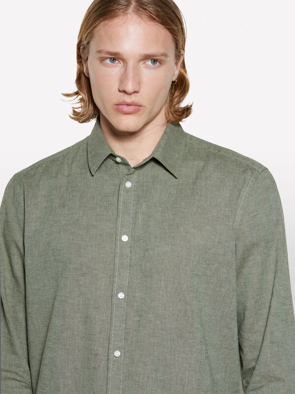 Sage green linen blend shirt - men's regular fit shirts | Sisley