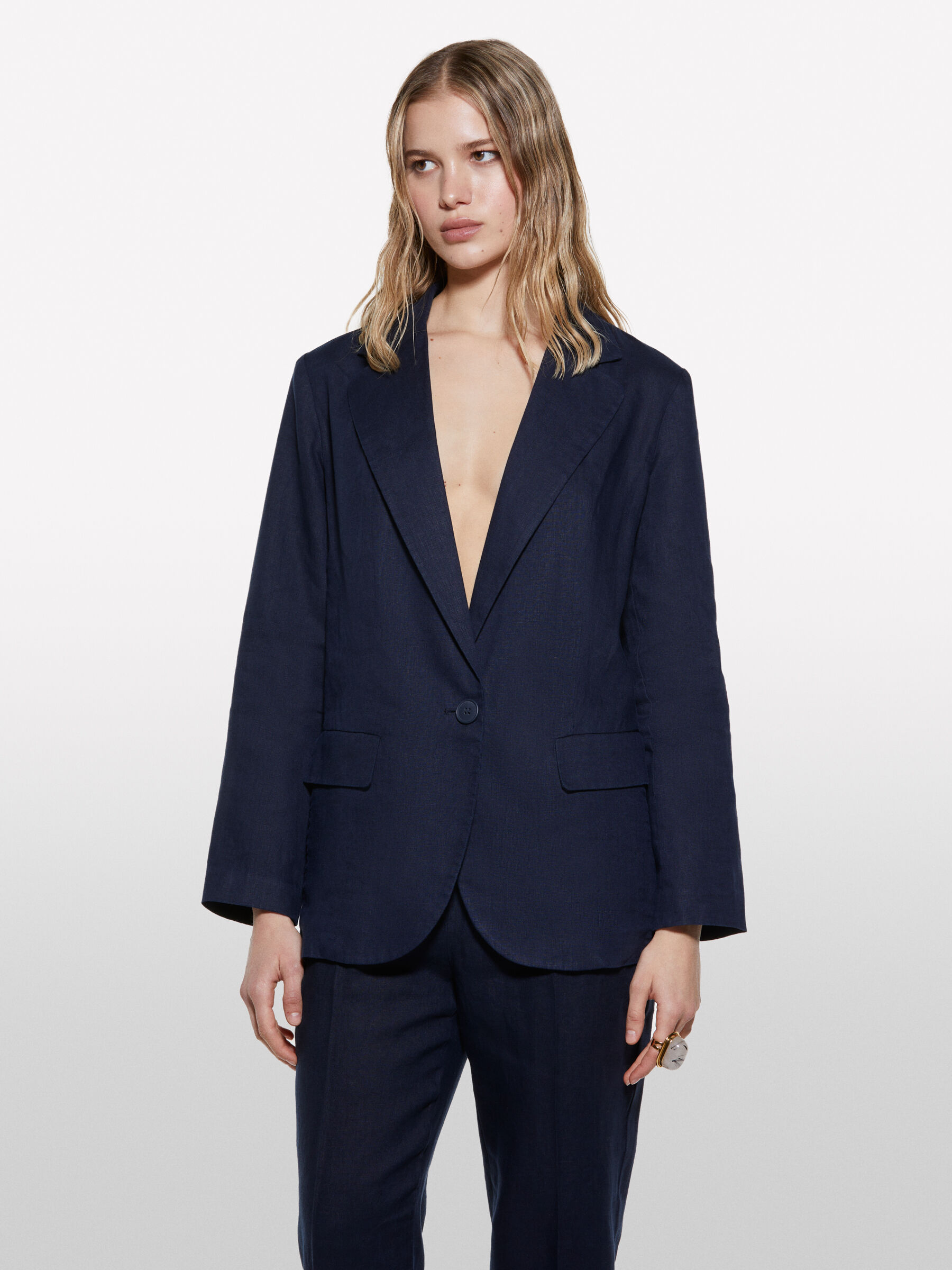 Dark blue 100% linen blazer, Dark Blue - Sisley Dark blue 100% linen blazer, Dark Blue - Sisley