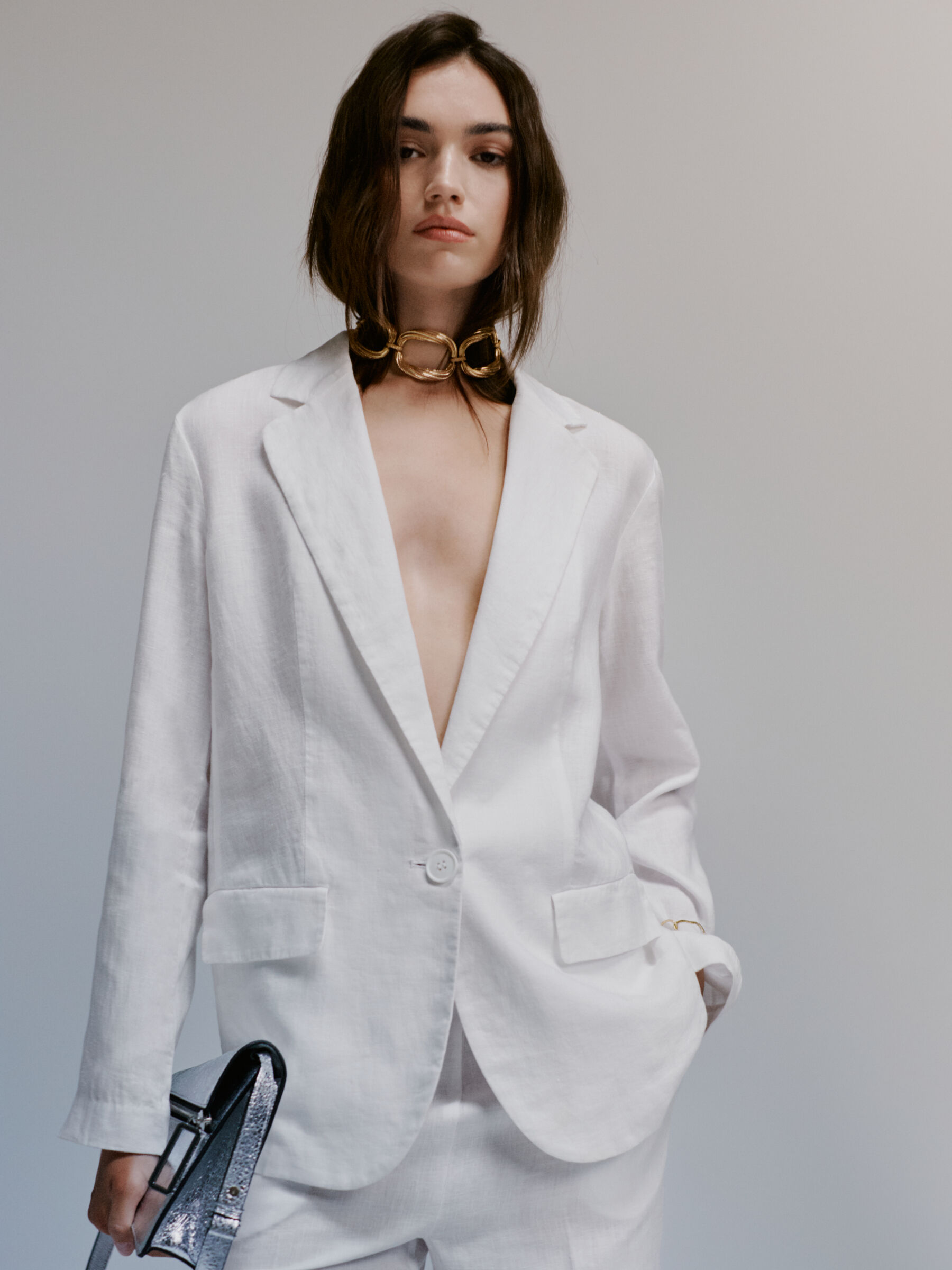 White 100% linen blazer, White - Sisley