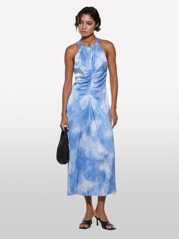 Light blue printed dress with gathering  - women's midi dresses | Sisley