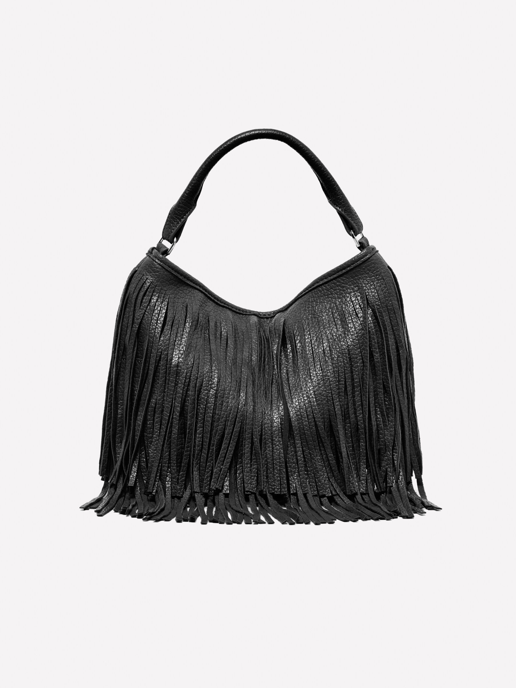 Black shoulder bag with fringe, Black - Sisley