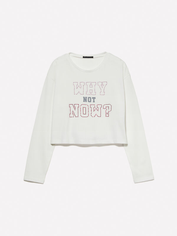White cropped t-shirt with rhinestones - girls' long sleeve t-shirts | Sisley Young