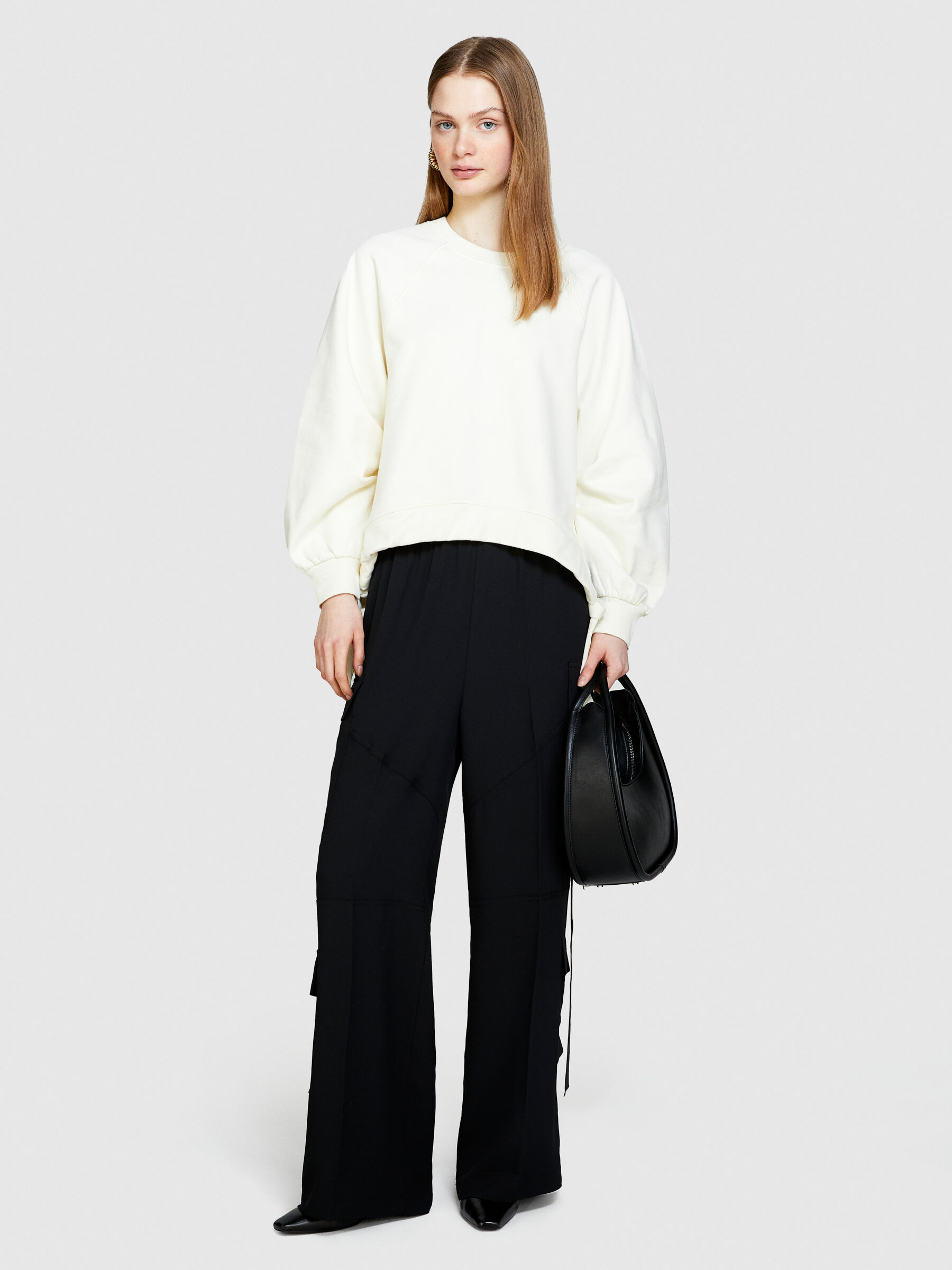 Oversized sweatshirt with drawstring, Creamy White - Sisley