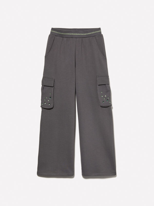 Gray sweat palazzo trousers with rhinestones - girls' trousers | Sisley Young