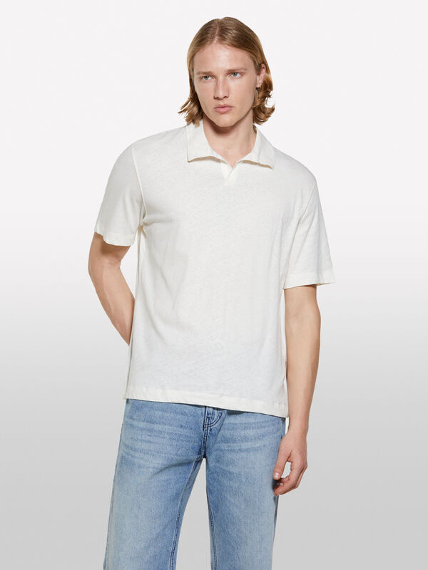 Cream white linen blend polo - men's polos | Sisley