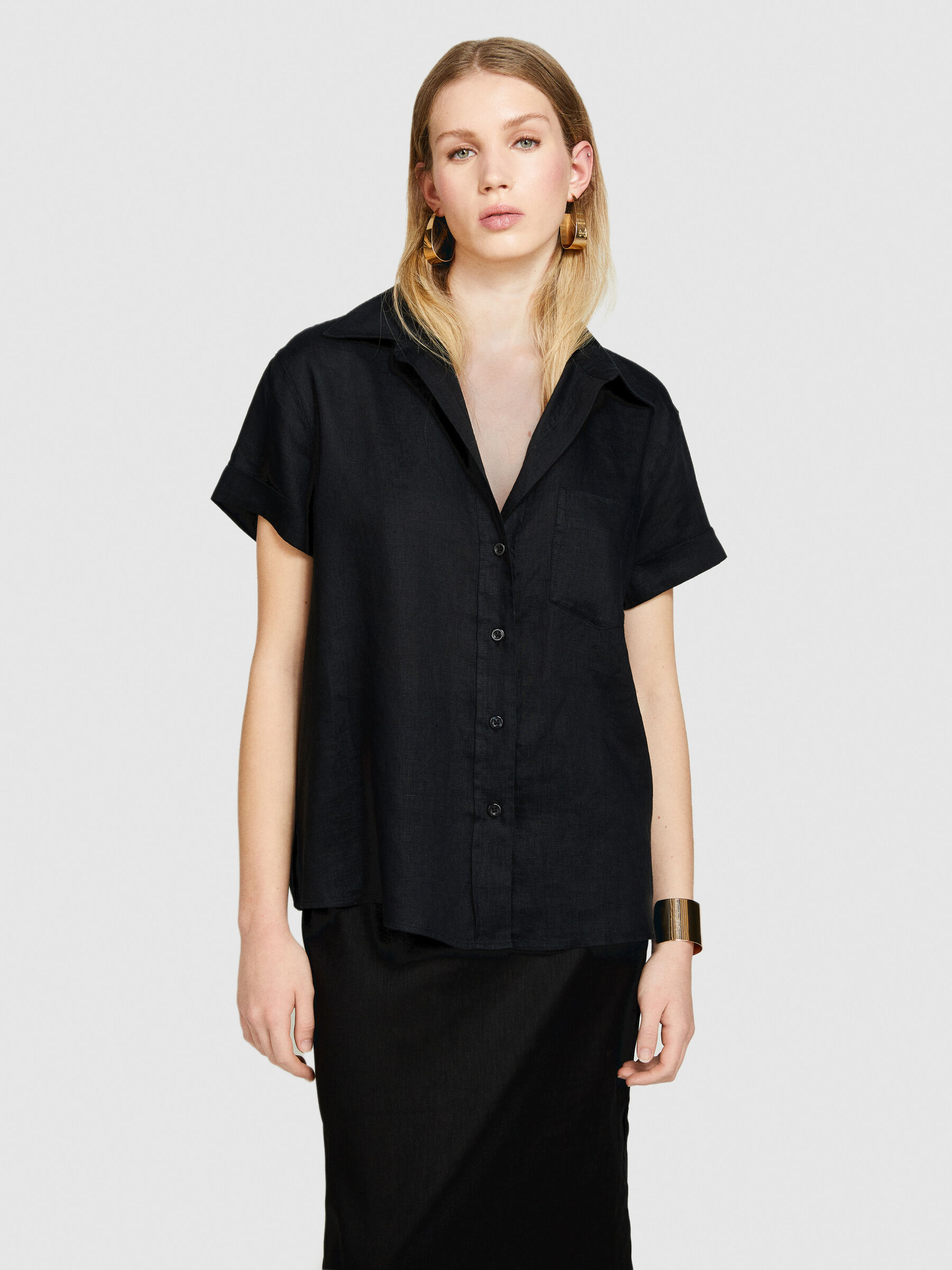 スーパーセール タイムセール 時間 Short sleeve 100% linen shirt, Black - Sisley トップス