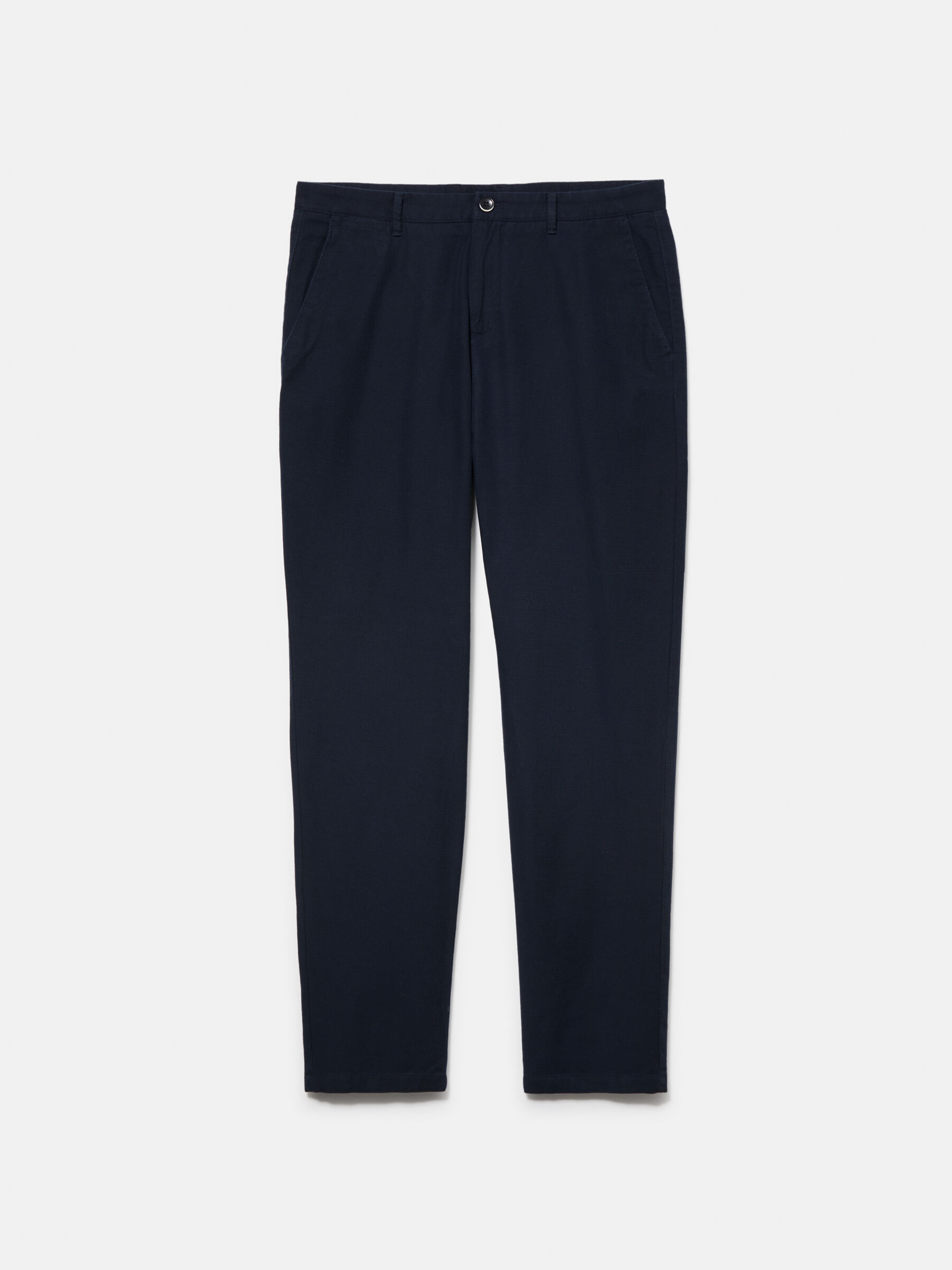 Navy blue cotton no-tucks sartorial trousers.